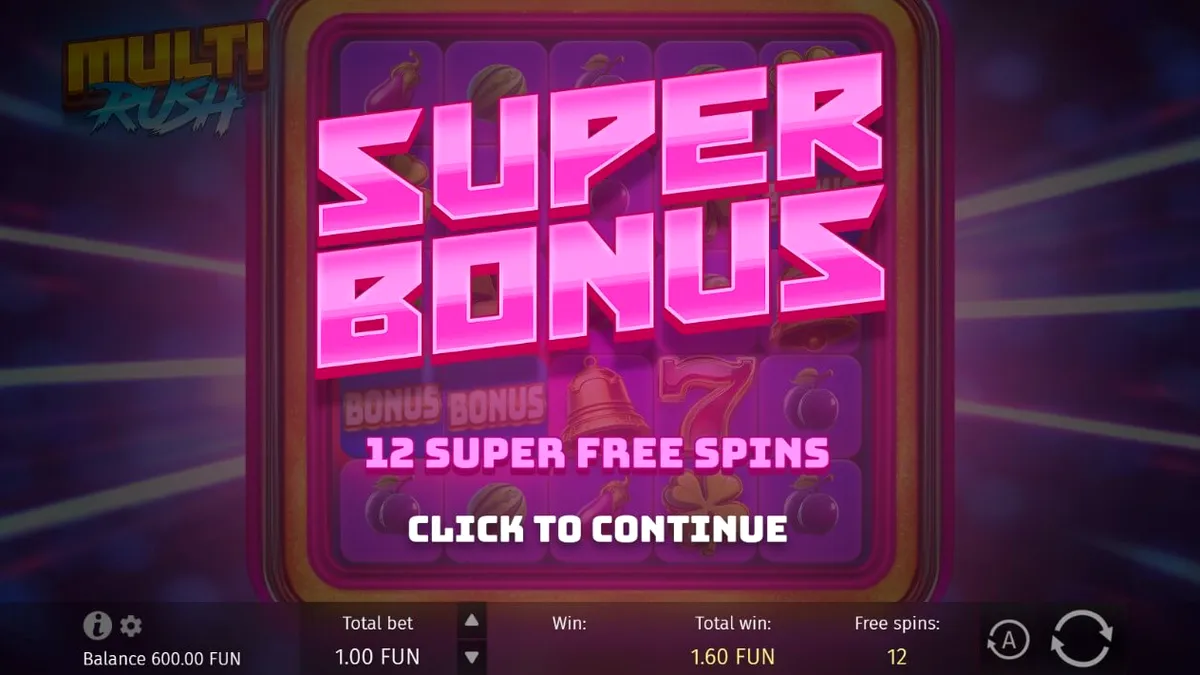 Tampilan layar permainan slot Multi Rush dengan simbol buah neon dan pengali yang menyala.