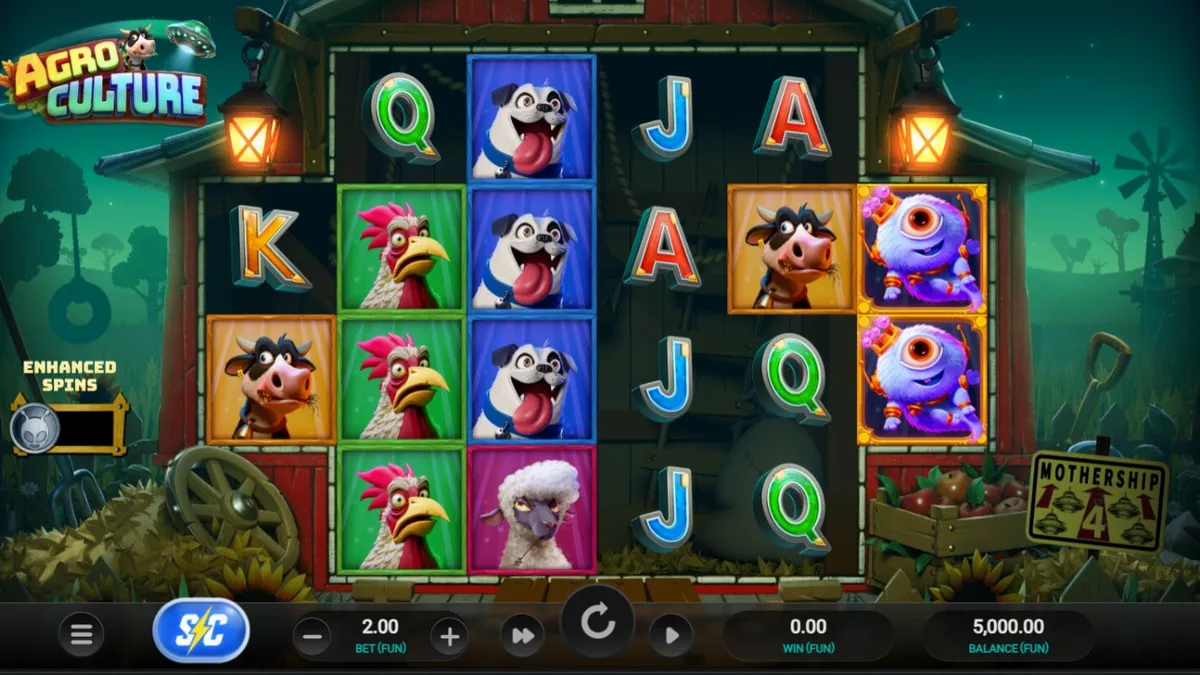 Pemandangan peternakan dengan elemen UFO di slot AgroCulture